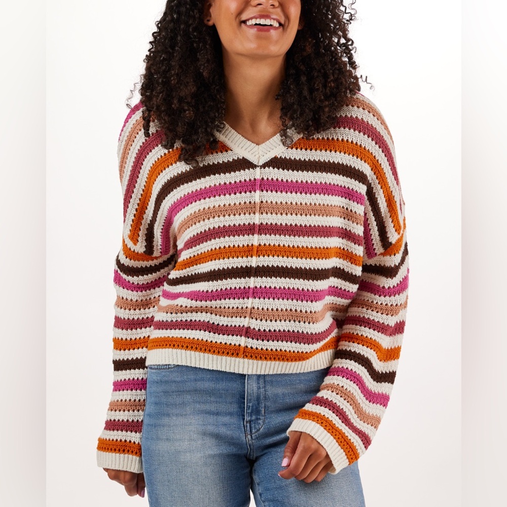 NWT Uncharted Threads Crochet Striped V-Neck Oversized Sweater Women’s XL